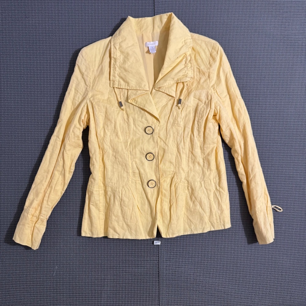 Chicos Yellow Cotton Linen Metallic Button Front Jacket Size 1